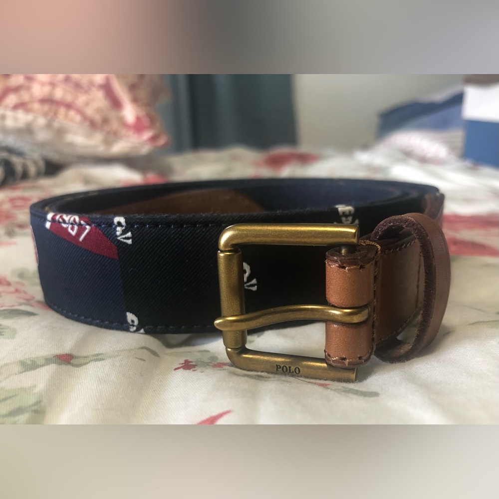 Polo by Ralph Lauren Navy Canvas Belt with Brown leather & Brass Buckle Sz. 42